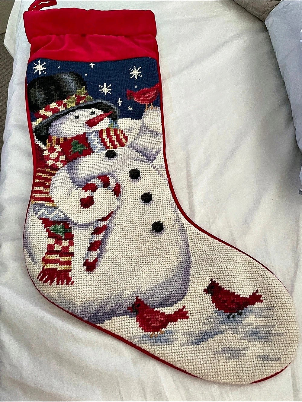 Needlepoint Snowman Christmas Stocking in Red & White
